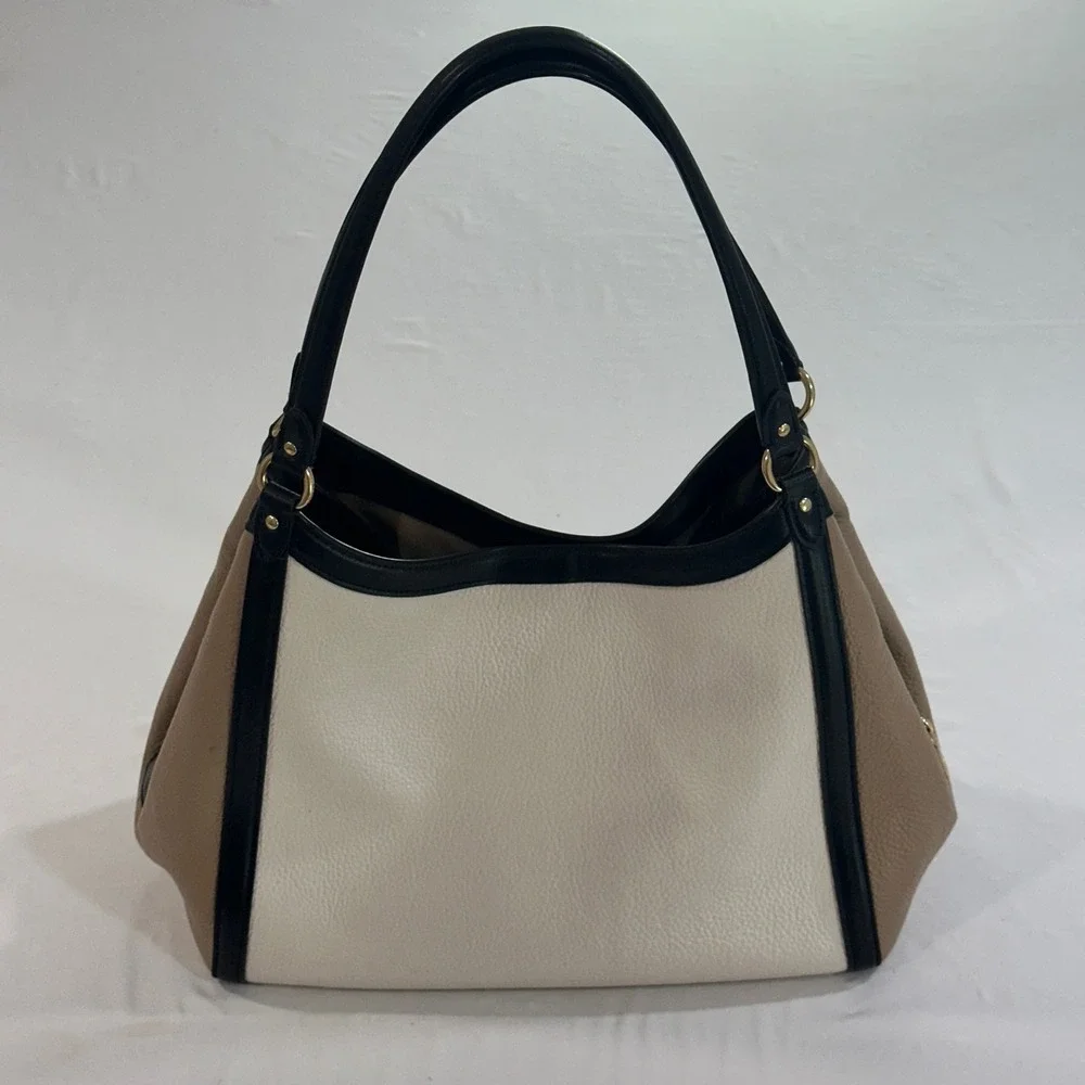 Coach Hadley Hobo Bag Colorblock Leather Shoulder Bag White Tan Black C6828